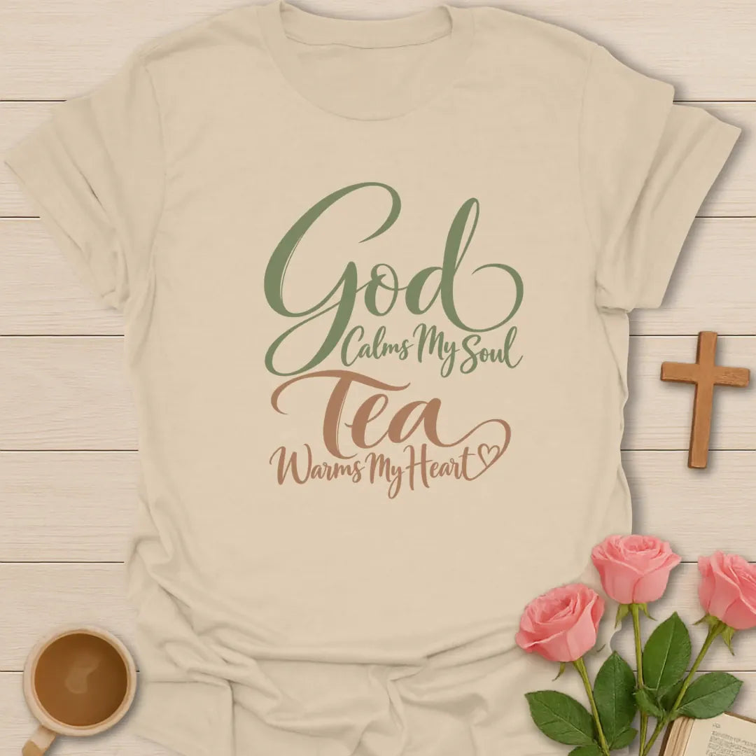 Tea Warms My Heart Christian tea t-shirt with cozy lettering and faith-inspired design. - Sand