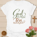 Tea Warms My Heart Christian tea t-shirt with cozy lettering and faith-inspired design. - White