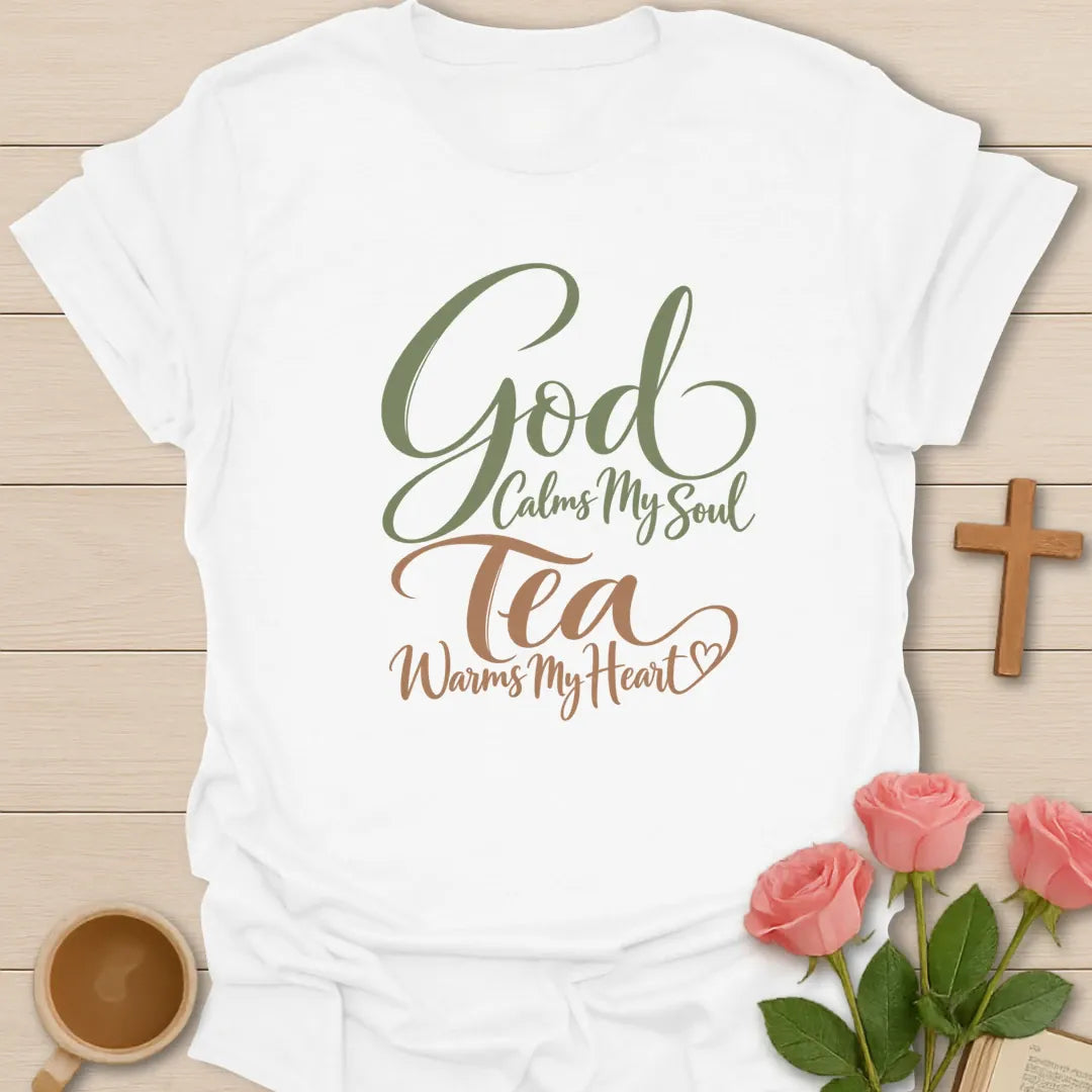 Tea Warms My Heart Christian tea t-shirt with cozy lettering and faith-inspired design. - White
