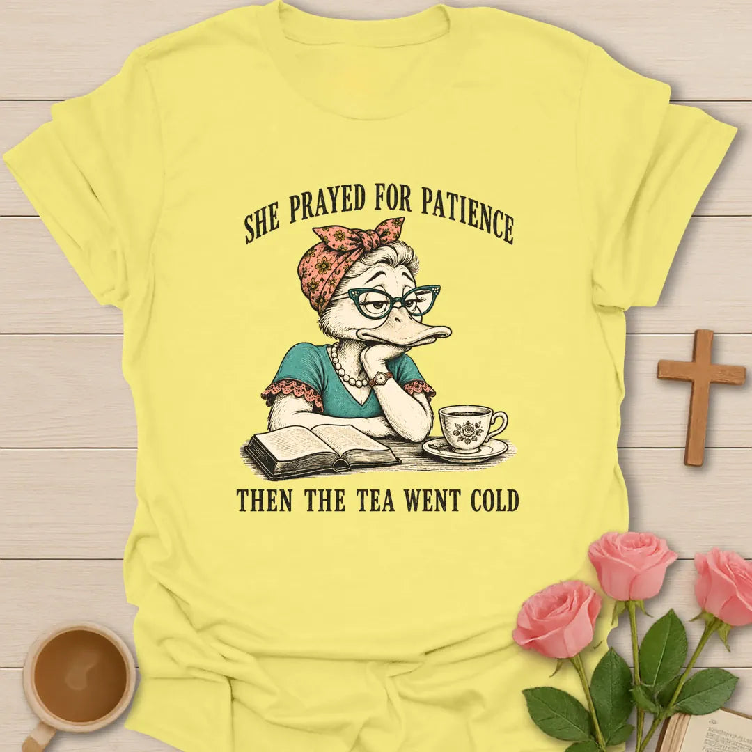 Tea Went Cold shirt with teacup, playful lettering, and faith-inspired design. - Cornsilk