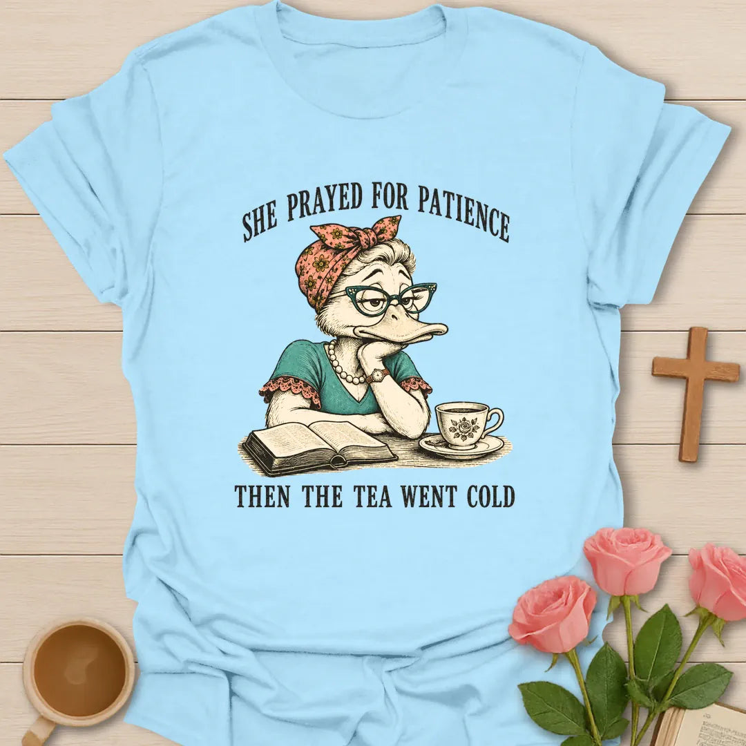 Tea Went Cold shirt with teacup, playful lettering, and faith-inspired design. - Light Blue