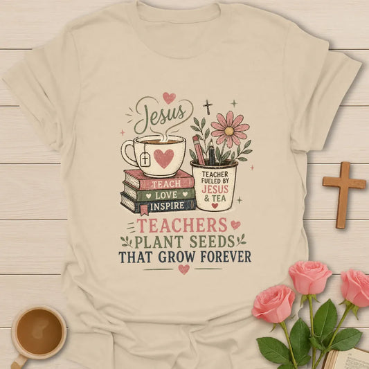 Teachers Plant Seeds shirt with stacked books, teacup, pencil cup, pink flower, hearts, leaves, and vintage distressed typography. - Sand