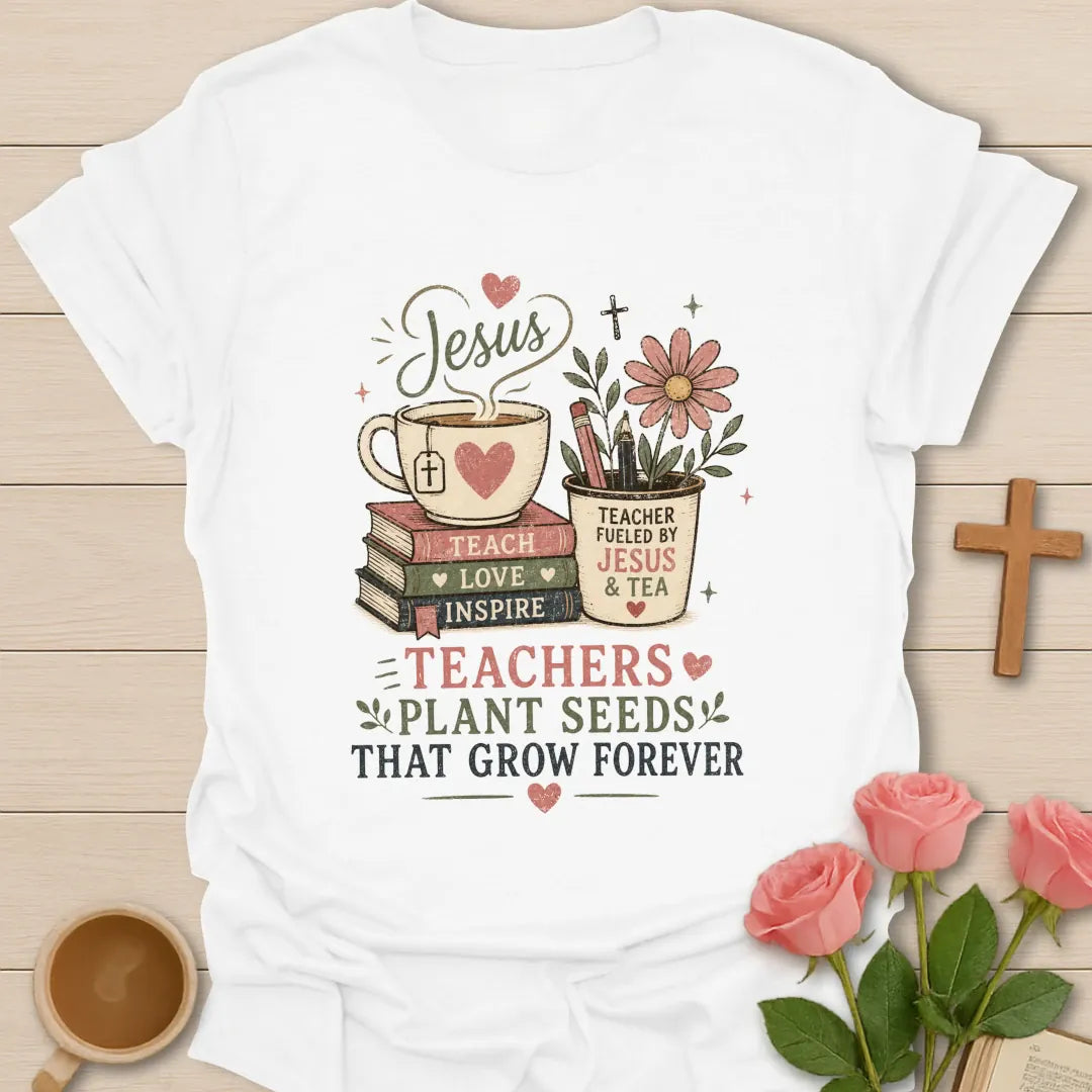 Teachers Plant Seeds shirt with stacked books, teacup, pencil cup, pink flower, hearts, leaves, and vintage distressed typography. - White
