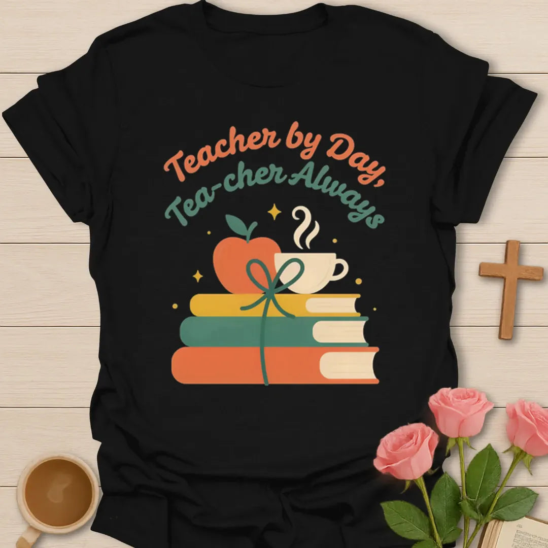 Teacher By Day Tea-cher Always shirt with apple, books, bow, teacup, and colorful retro lettering - Black