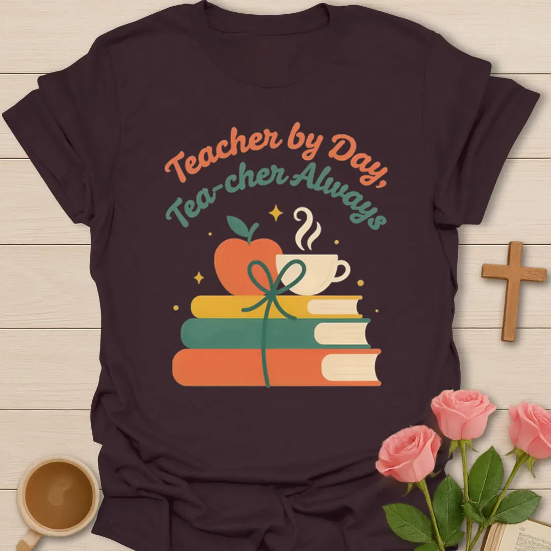 Teacher By Day Tea-cher Always shirt with apple, books, bow, teacup, and colorful retro lettering - Dark Chocolate