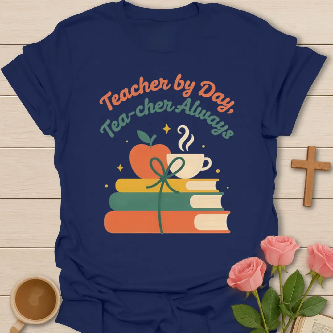 Teacher By Day Tea-cher Always shirt with apple, books, bow, teacup, and colorful retro lettering - Navy
