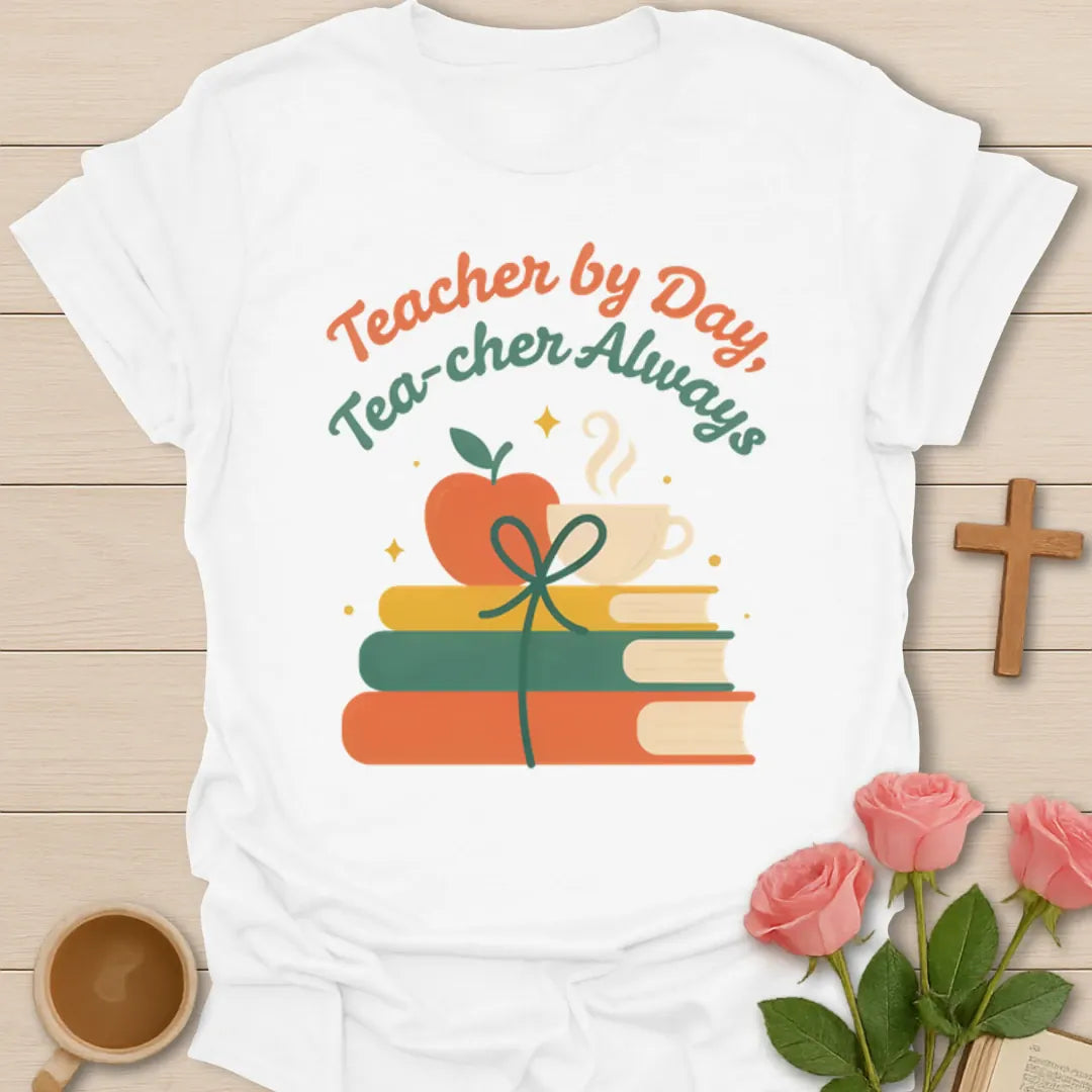 Teacher By Day Tea-cher Always shirt with apple, books, bow, teacup, and colorful retro lettering - White