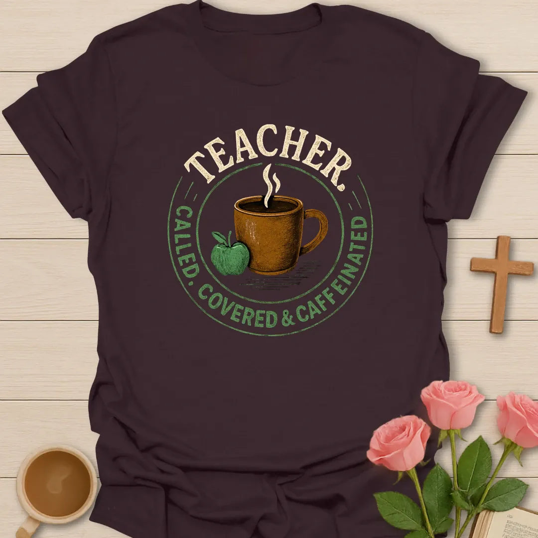 Teacher Called Covered and Caffeinated shirt with arched cream teacher text, green circular badge, brown coffee cup, green apple, and distressed vintage texture. - Dark Chocolate