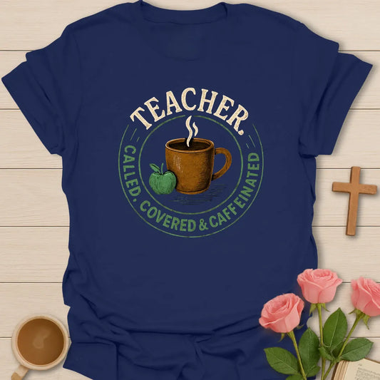 Teacher Called Covered and Caffeinated shirt with arched cream teacher text, green circular badge, brown coffee cup, green apple, and distressed vintage texture. - Navy