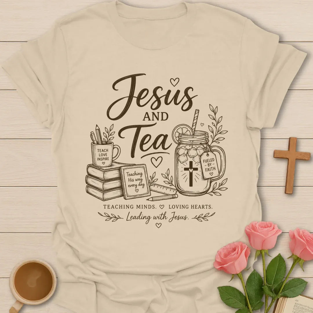 Teacher Leading With Jesus and Tea shirt with teacup, cross, classroom-inspired faith design, and Christian teacher lettering. - Sand