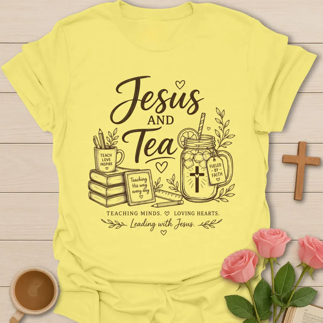 Teacher Leading With Jesus and Tea shirt with teacup, cross, classroom-inspired faith design, and Christian teacher lettering. - Cornsilk