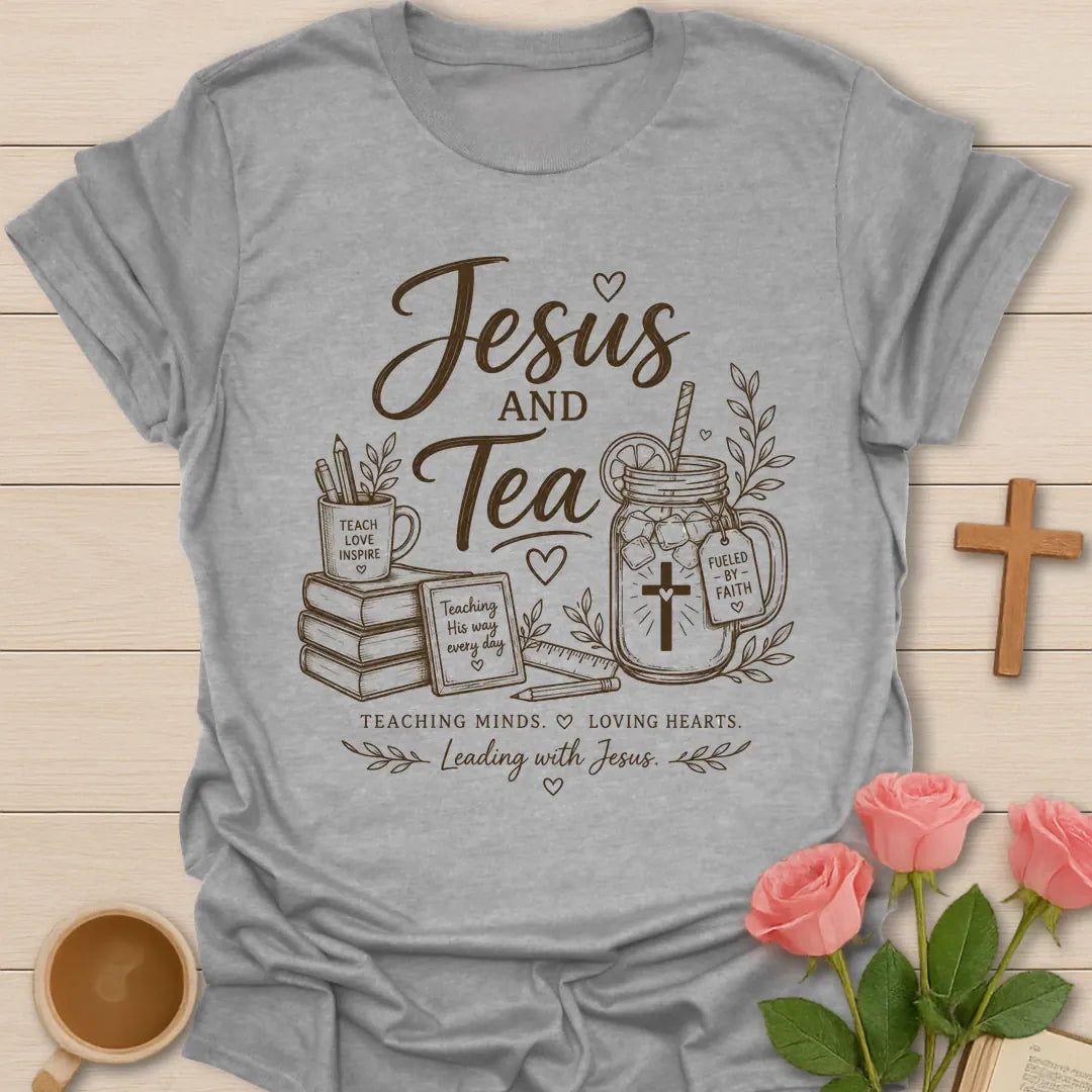 Teacher Leading With Jesus and Tea shirt with teacup, cross, classroom-inspired faith design, and Christian teacher lettering. - Sport Grey