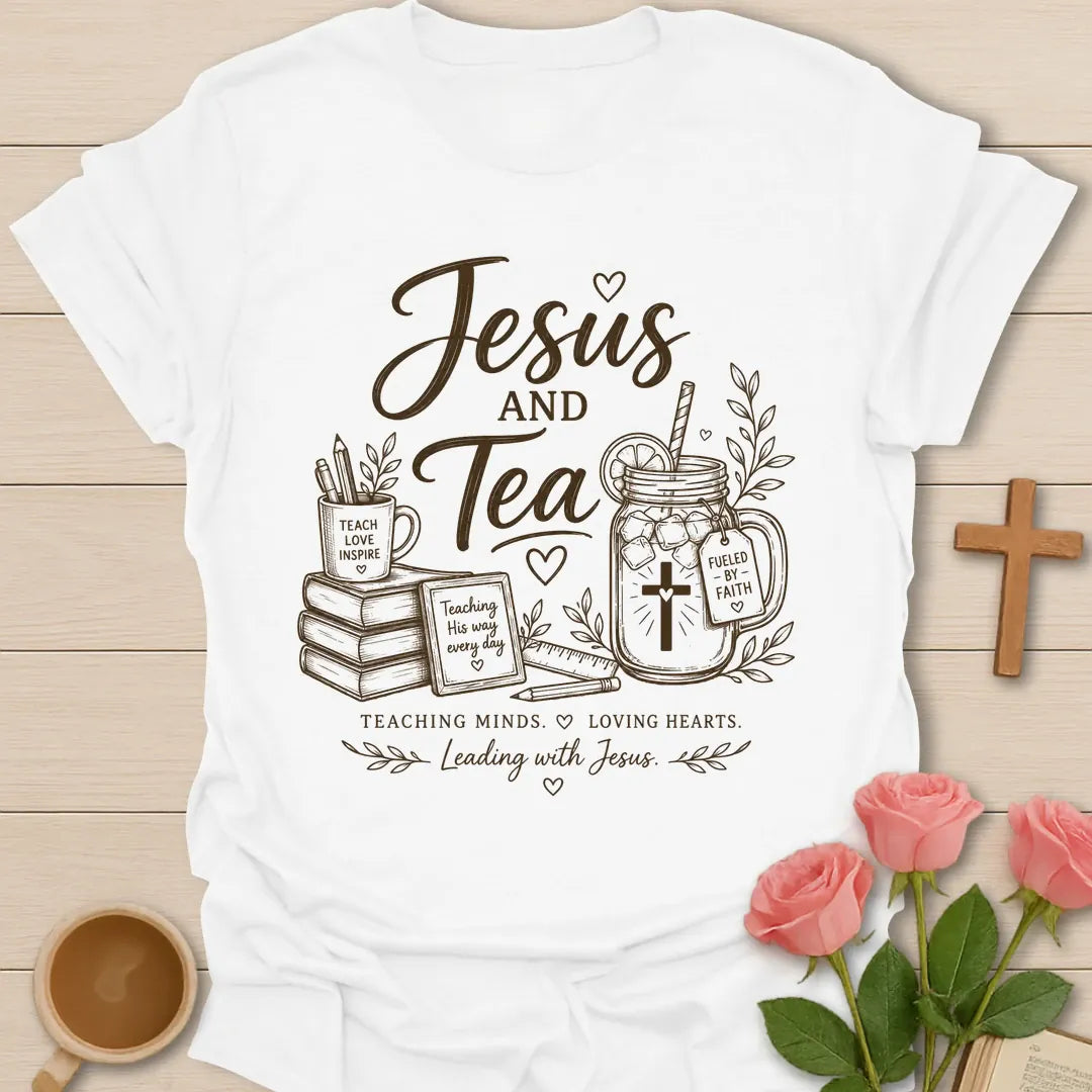 Teacher Leading With Jesus and Tea shirt with teacup, cross, classroom-inspired faith design, and Christian teacher lettering. - White