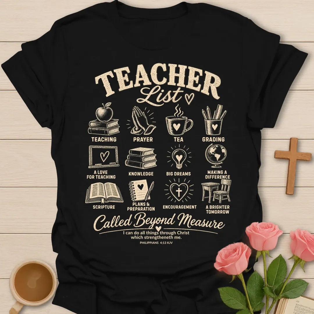 Teacher List Christian t-shirt with list-style lettering and faith-inspired design - Black