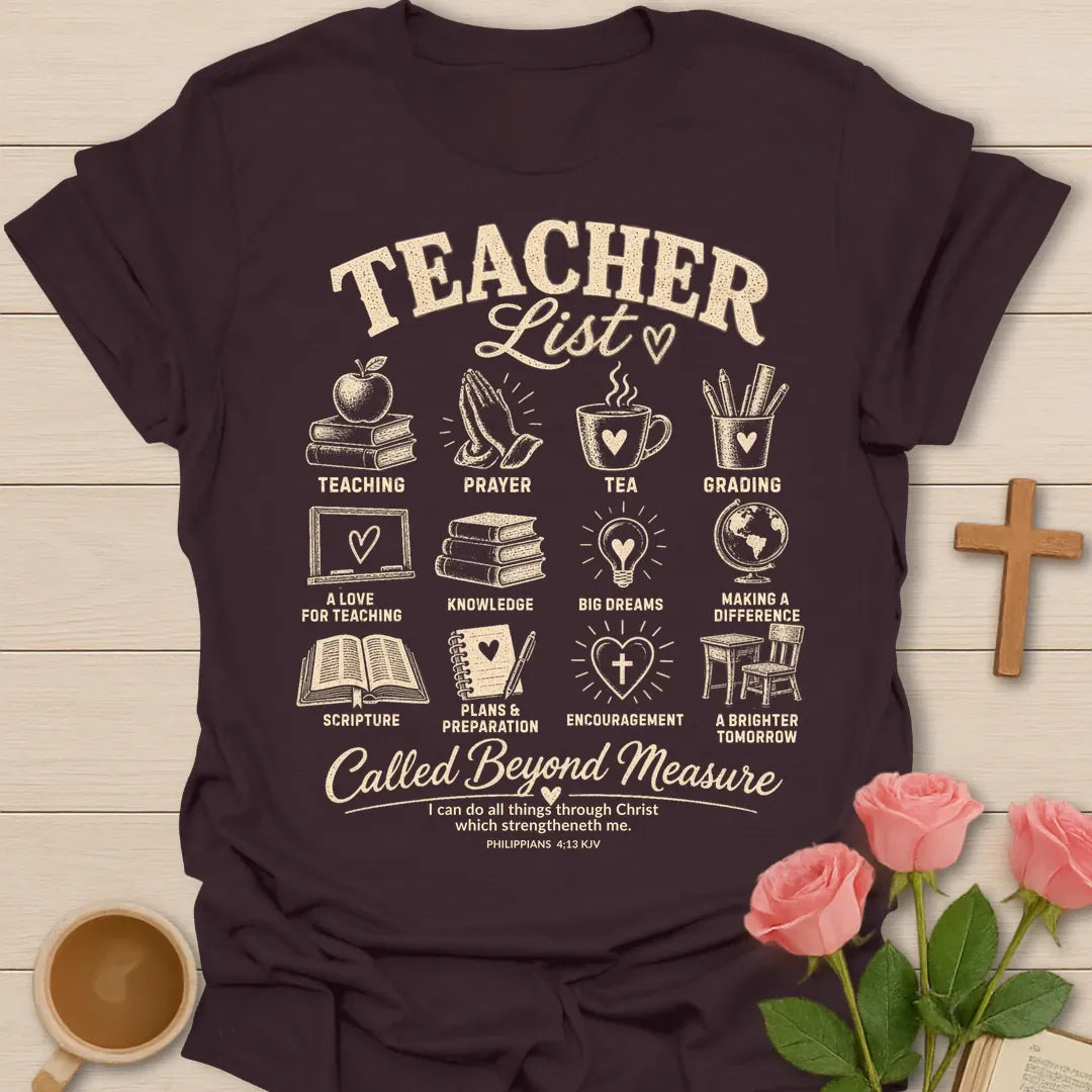 Teacher List Christian t-shirt with list-style lettering and faith-inspired design - Dark Chocolate