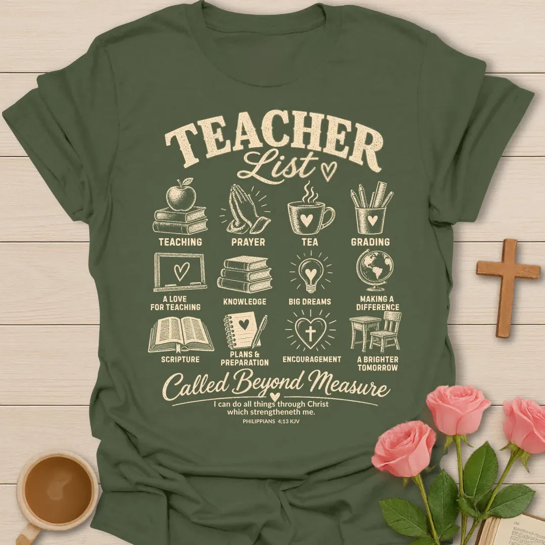 Teacher List Christian t-shirt with list-style lettering and faith-inspired design - Military Green