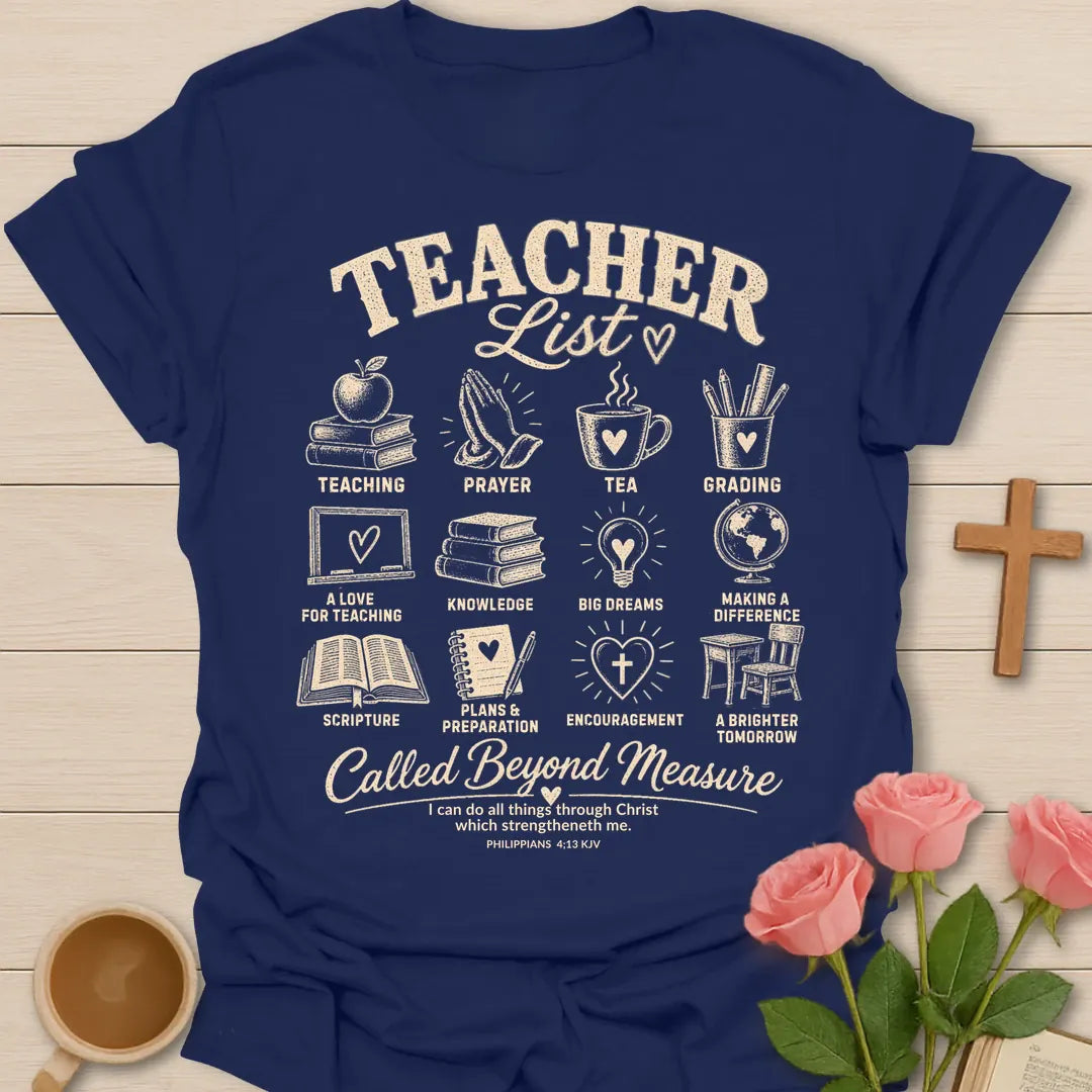 Teacher List Christian t-shirt with list-style lettering and faith-inspired design - Navy
