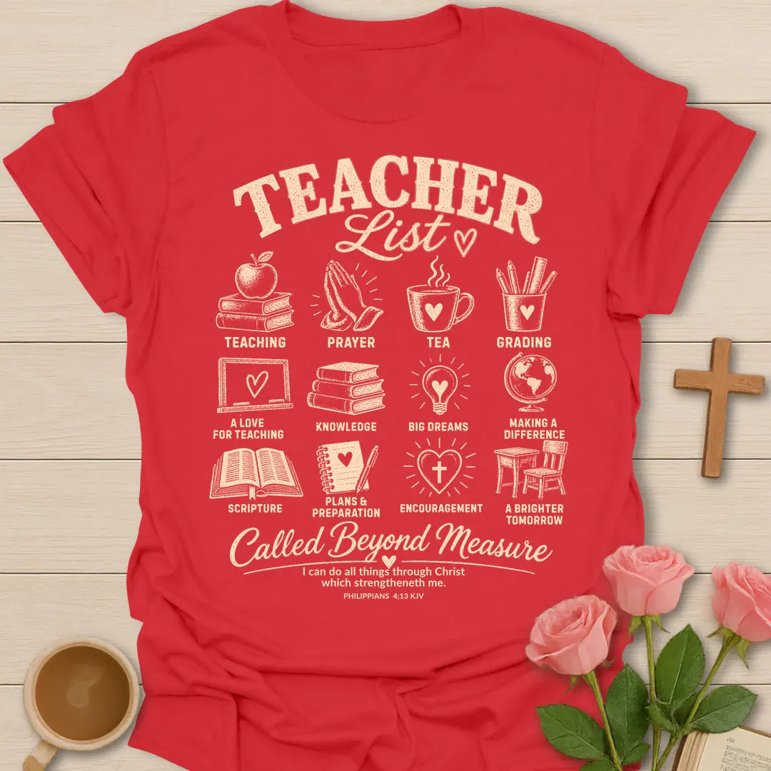 Teacher List Christian t-shirt with list-style lettering and faith-inspired design - Red