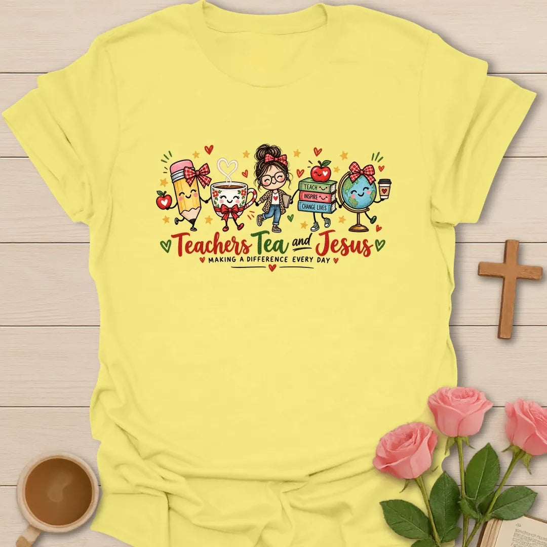 Teacher Makes Difference Christian t-shirt with faith-inspired teacher lettering - Cornsilk
