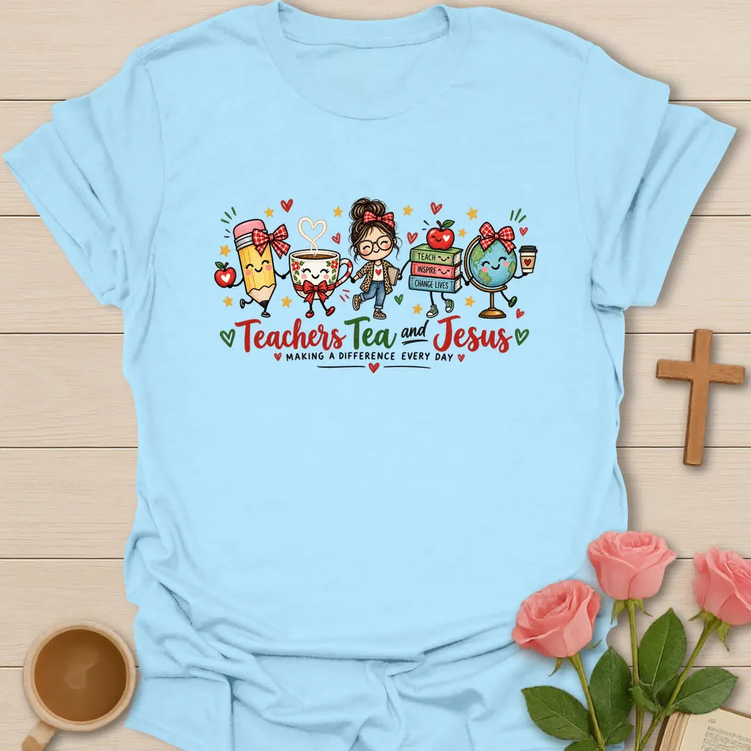 Teacher Makes Difference Christian t-shirt with faith-inspired teacher lettering - Light Blue