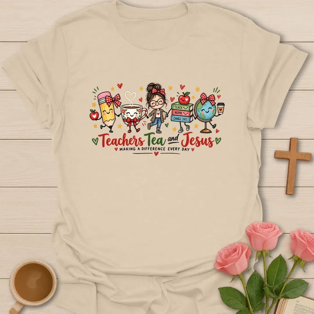 Teacher Makes Difference Christian t-shirt with faith-inspired teacher lettering - Sand