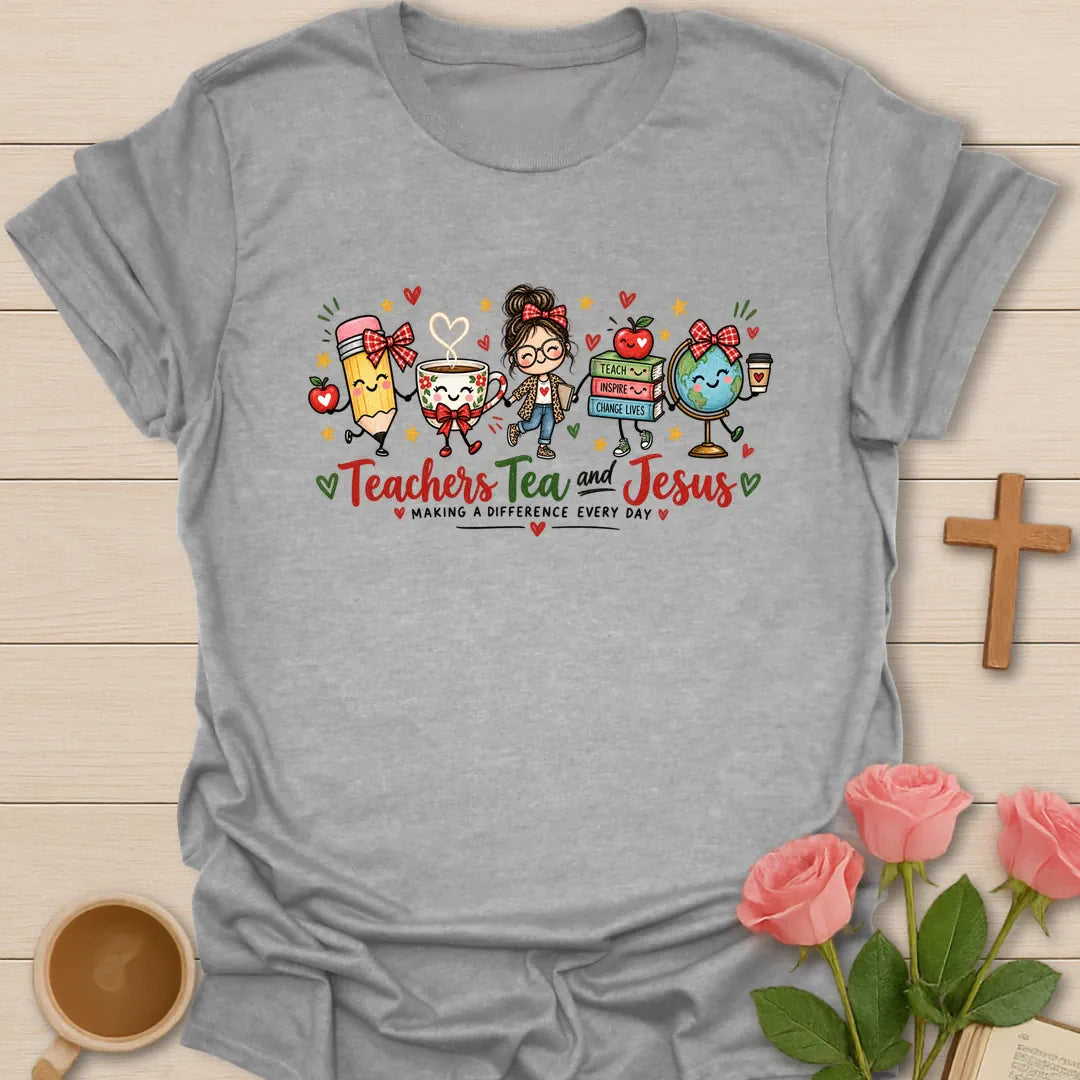 Teacher Makes Difference Christian t-shirt with faith-inspired teacher lettering - Sport Grey