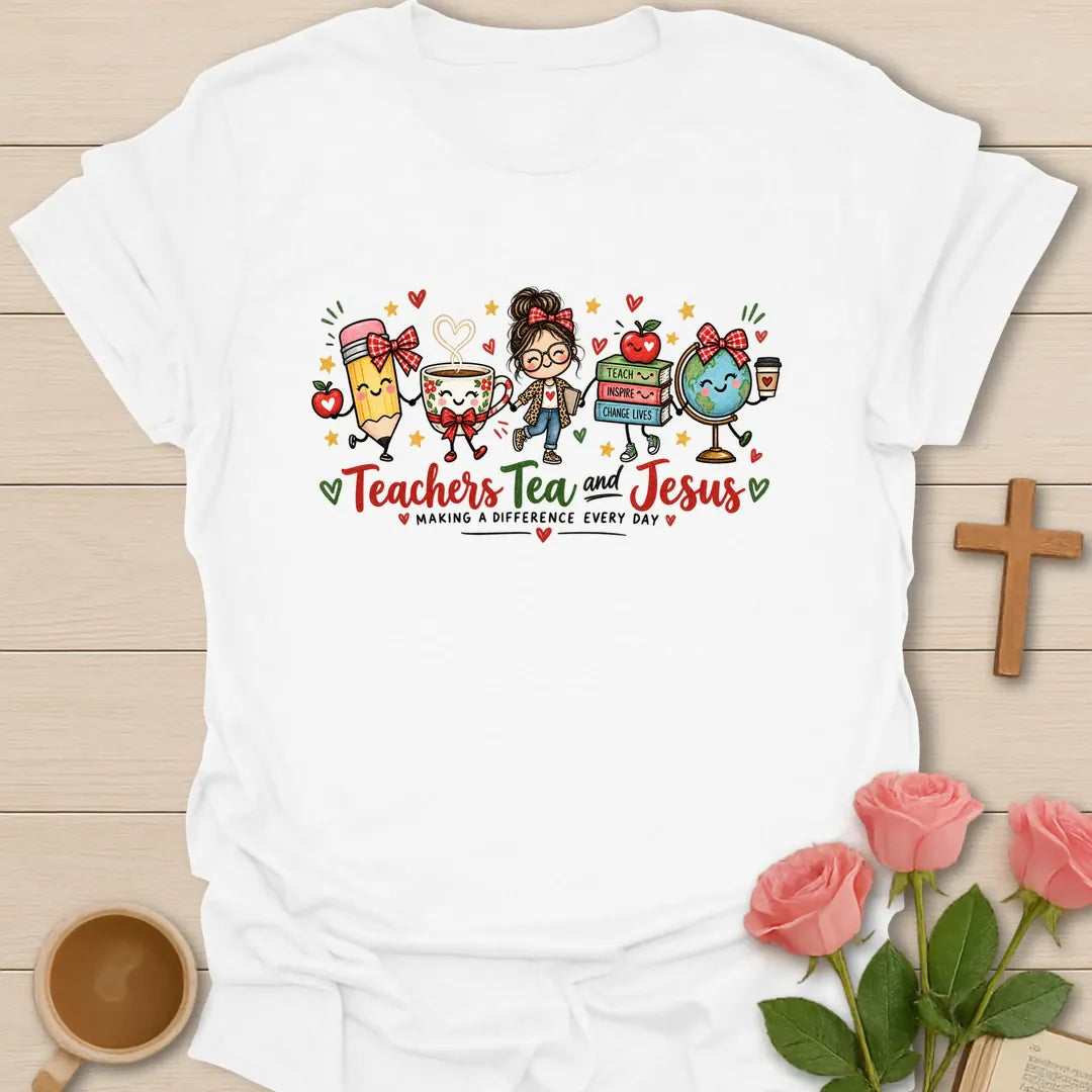 Teacher Makes Difference Christian t-shirt with faith-inspired teacher lettering - White