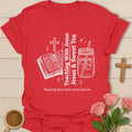 Teaching with Jesus and Sweet Tea shirt with open Bible, cross, mason jar tea, stars, and teacher message. - Red