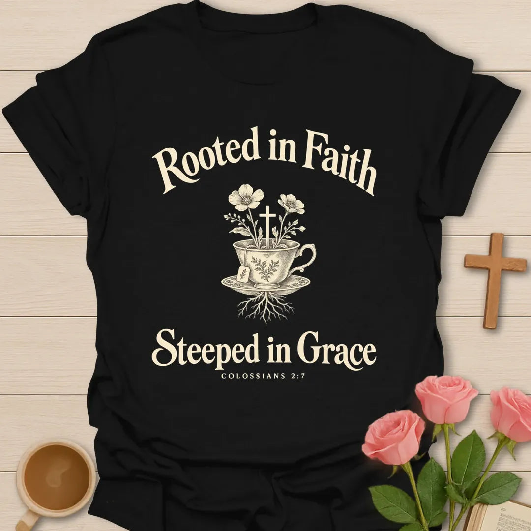 Rooted in Faith Steeped in Grace Colossians 2:7 Christian t-shirt with floral teacup, cross and roots - Black