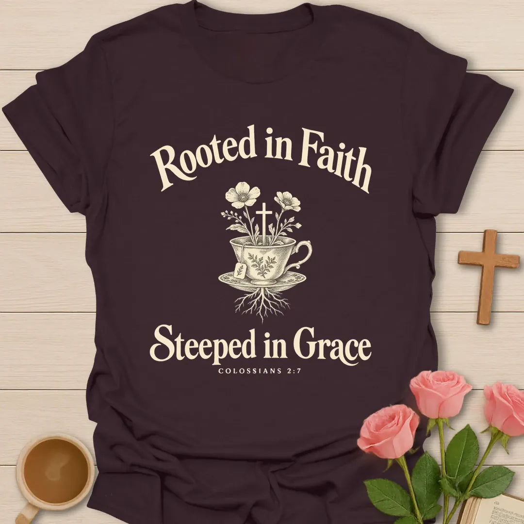 Rooted in Faith Steeped in Grace Colossians 2:7 Christian t-shirt with floral teacup, cross and roots - Dark Chocolate