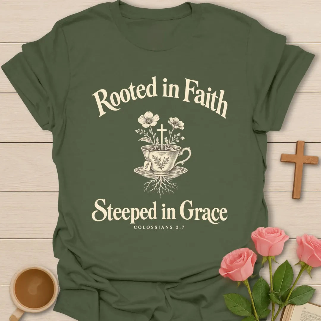 Rooted in Faith Steeped in Grace Colossians 2:7 Christian t-shirt with floral teacup, cross and roots - Military Green