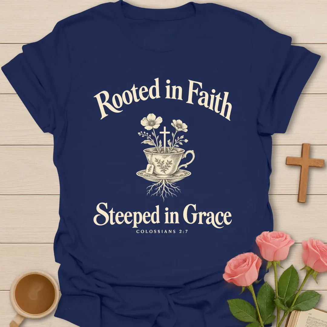 Rooted in Faith Steeped in Grace Colossians 2:7 Christian t-shirt with floral teacup, cross and roots - Navy
