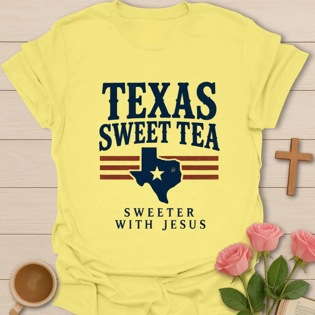 Texas Sweetness Christian t-shirt with sweet tea and Texas-inspired design - Cornsilk