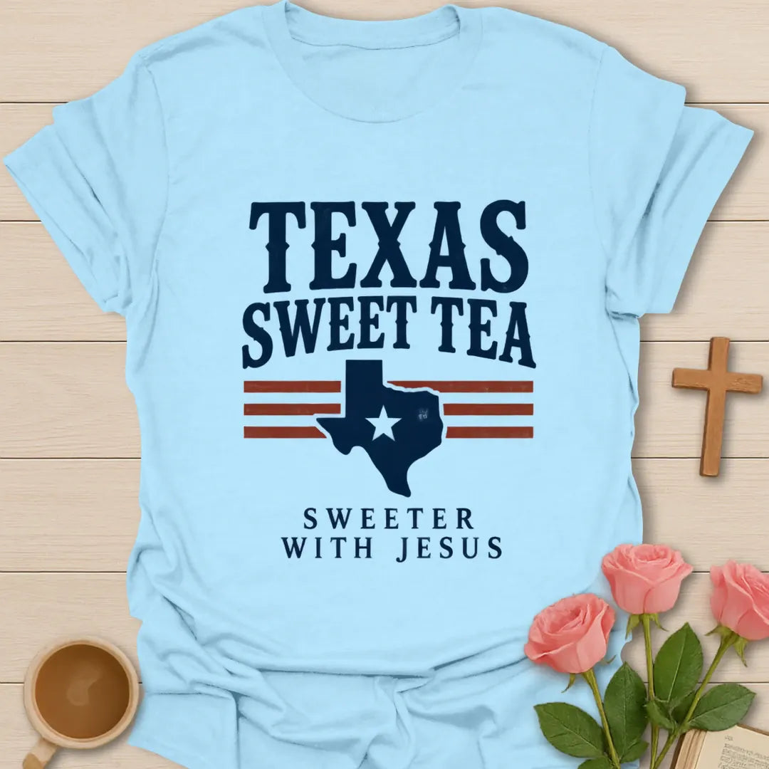Texas Sweetness Christian t-shirt with sweet tea and Texas-inspired design - Light Blue