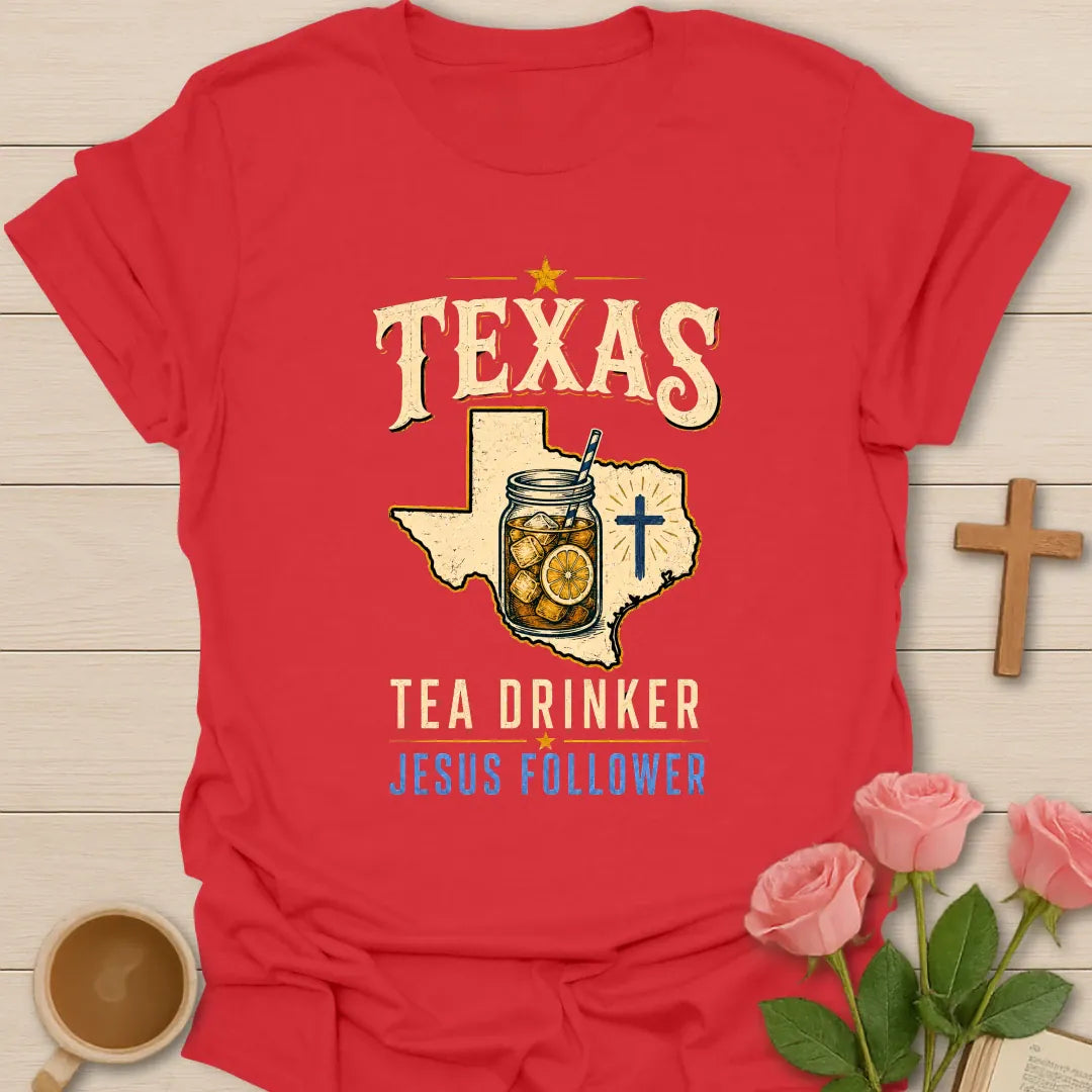 Texas Tea and Jesus Follower shirt with Texas map, teacup, cross, and vintage lettering. - Red