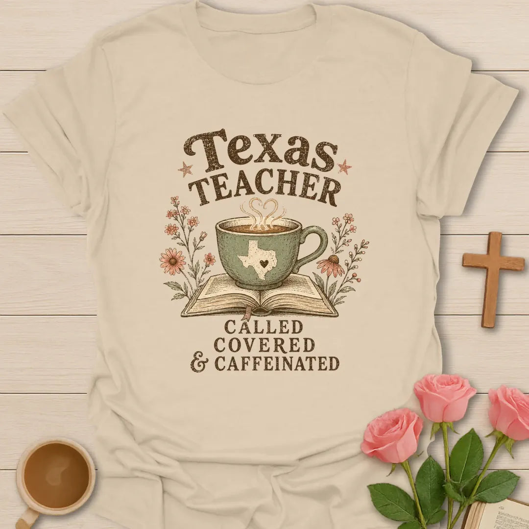 Texas Teacher shirt with sage teacup on open Bible, Texas silhouette, wildflowers, distressed brown lettering, and vintage boutique colors. - Sand