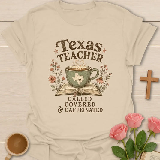Texas Teacher shirt with sage teacup on open Bible, Texas silhouette, wildflowers, distressed brown lettering, and vintage boutique colors. - Sand