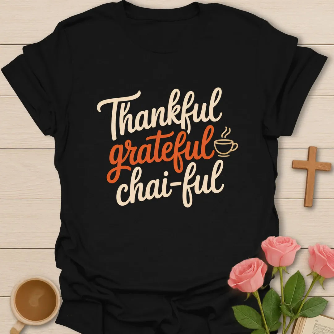 Thankful Grateful Chai-ful shirt with chai mug, fall leaves, and cream vintage lettering. - Black