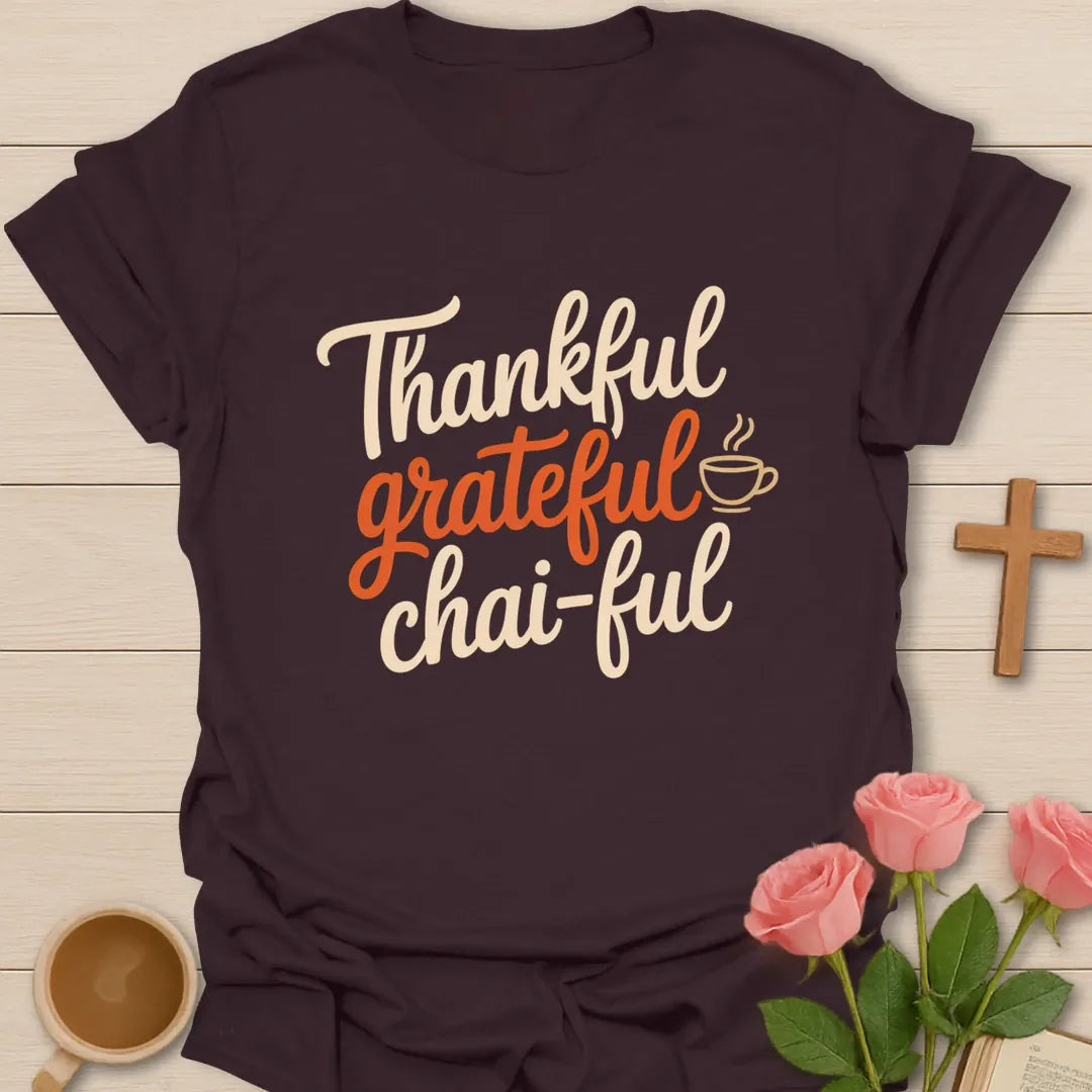 Thankful Grateful Chai-ful shirt with chai mug, fall leaves, and cream vintage lettering. - Dark Chocolate