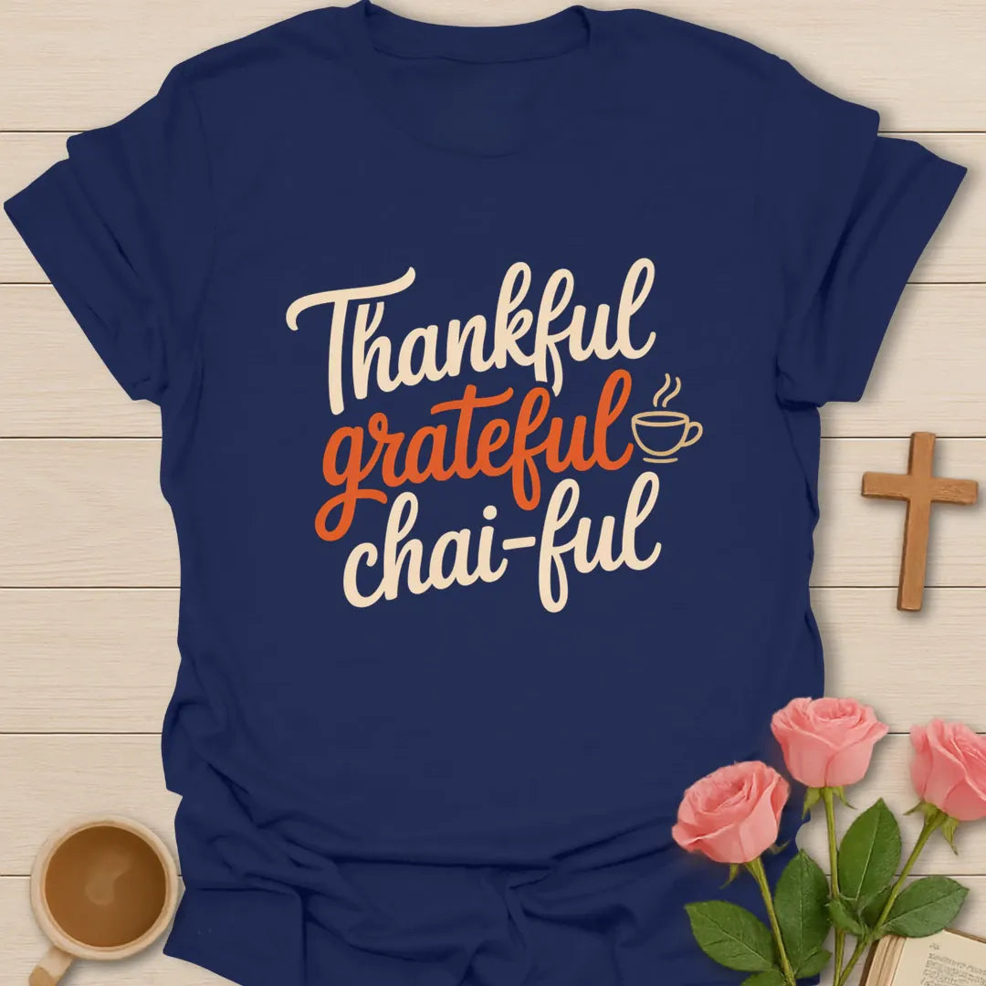 Thankful Grateful Chai-ful shirt with chai mug, fall leaves, and cream vintage lettering. - Navy