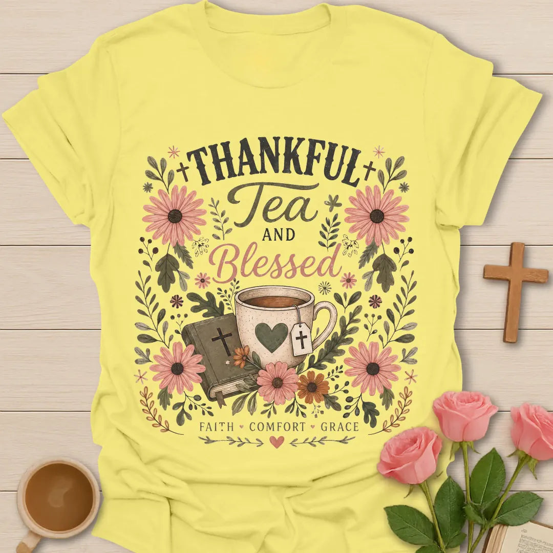 Thankful Tea and Blessed shirt with warm gratitude lettering - Cornsilk
