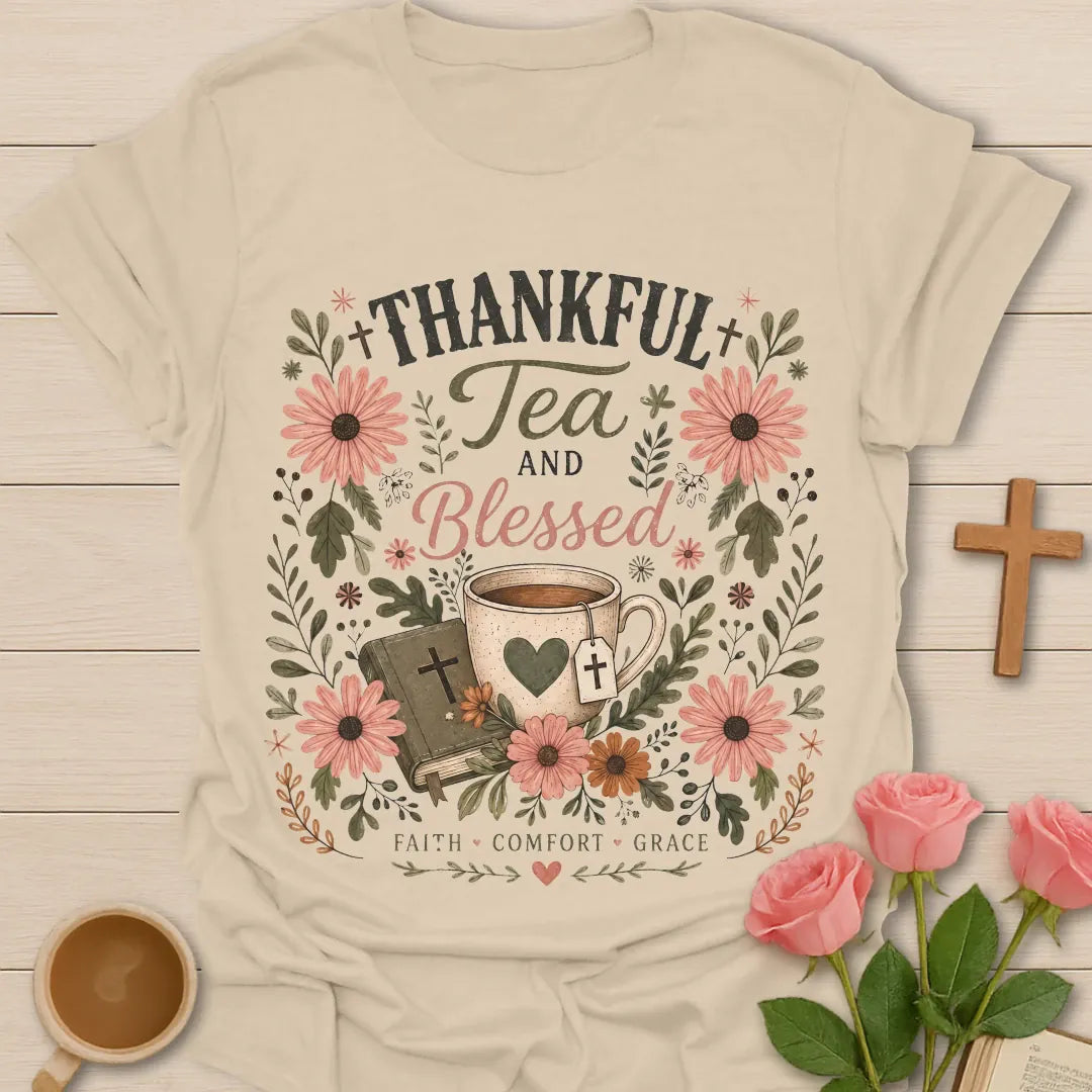 Thankful Tea and Blessed shirt with warm gratitude lettering - Sand