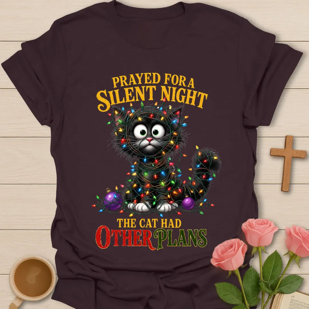 Prayed For A Silent Night The Cat Had Other Plans shirt with a cat tangled in Christmas lights - Dark Chocolate