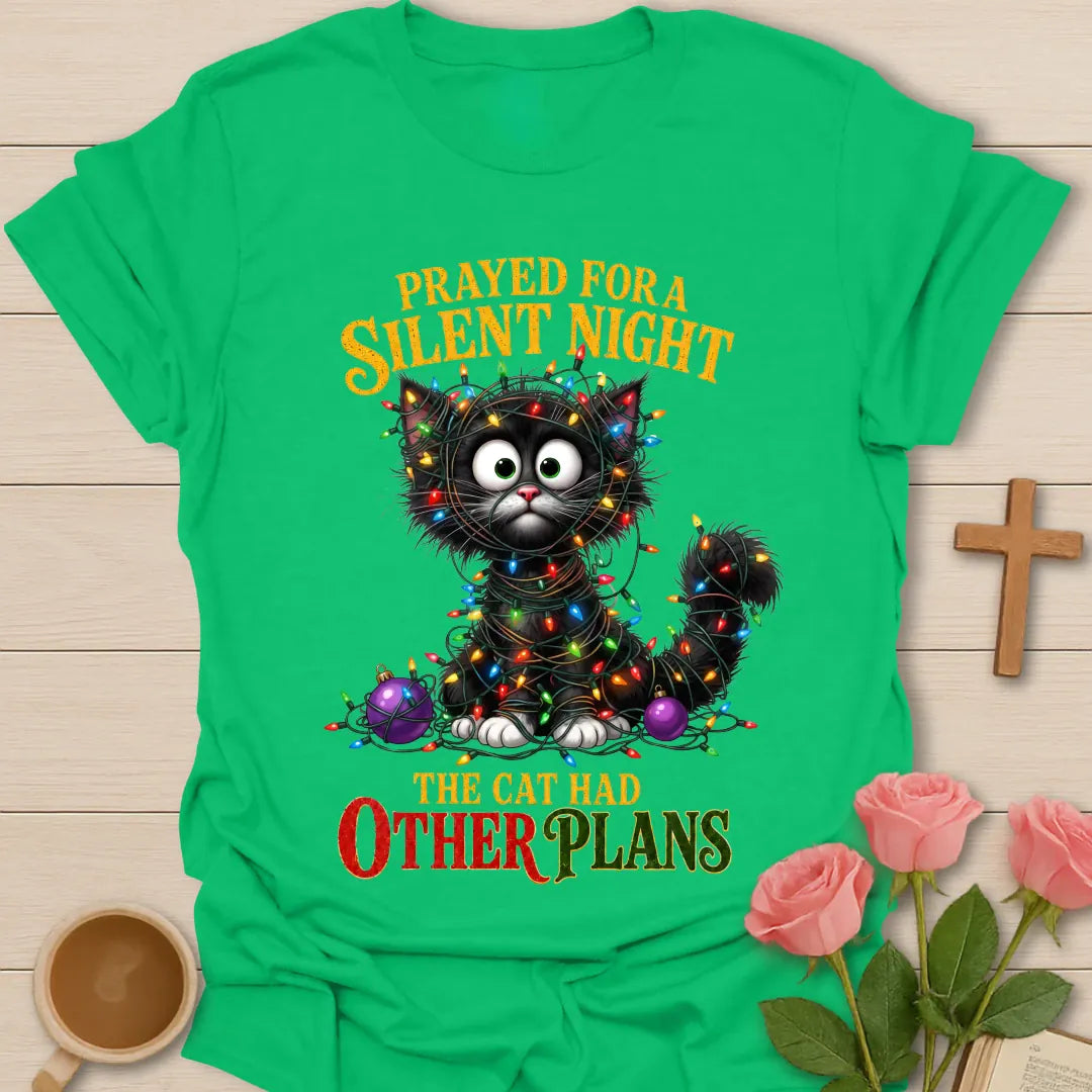 Prayed For A Silent Night The Cat Had Other Plans shirt with a cat tangled in Christmas lights - Irish Green