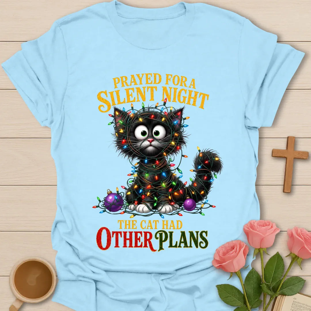 Prayed For A Silent Night The Cat Had Other Plans shirt with a cat tangled in Christmas lights - Light Blue