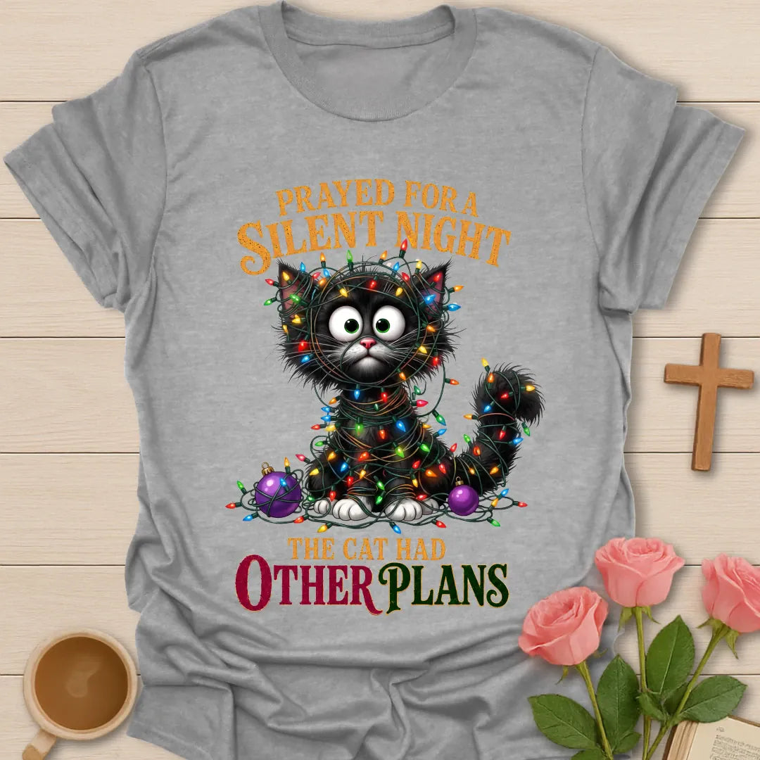 Prayed For A Silent Night The Cat Had Other Plans shirt with a cat tangled in Christmas lights - Sport Grey