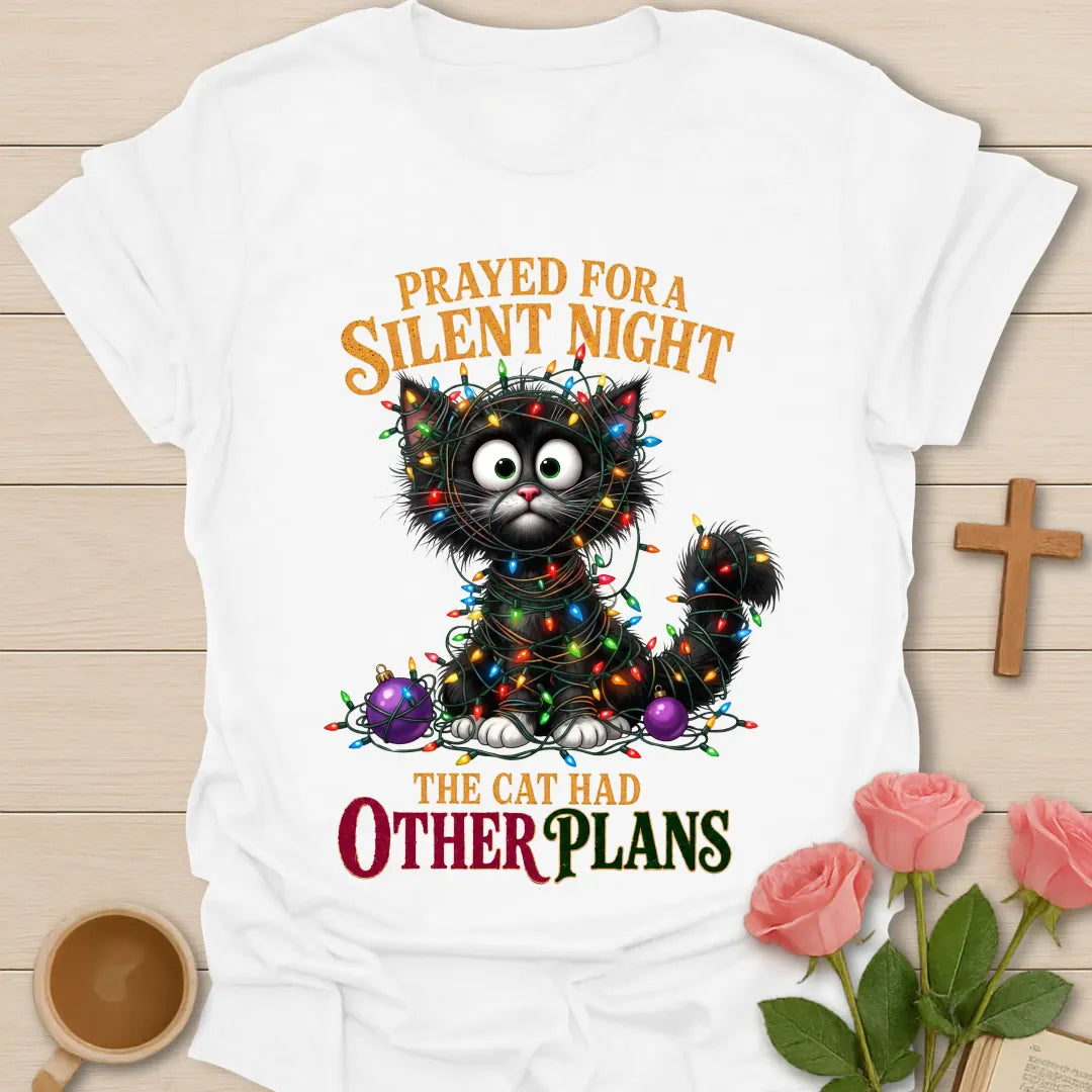 Prayed For A Silent Night The Cat Had Other Plans shirt with a cat tangled in Christmas lights - White