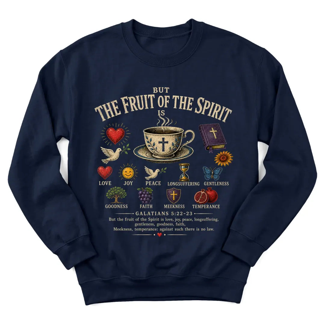 Fruit Of The Spirit sweatshirt listing Galatians 5:22-23 in Scripture lettering - Navy