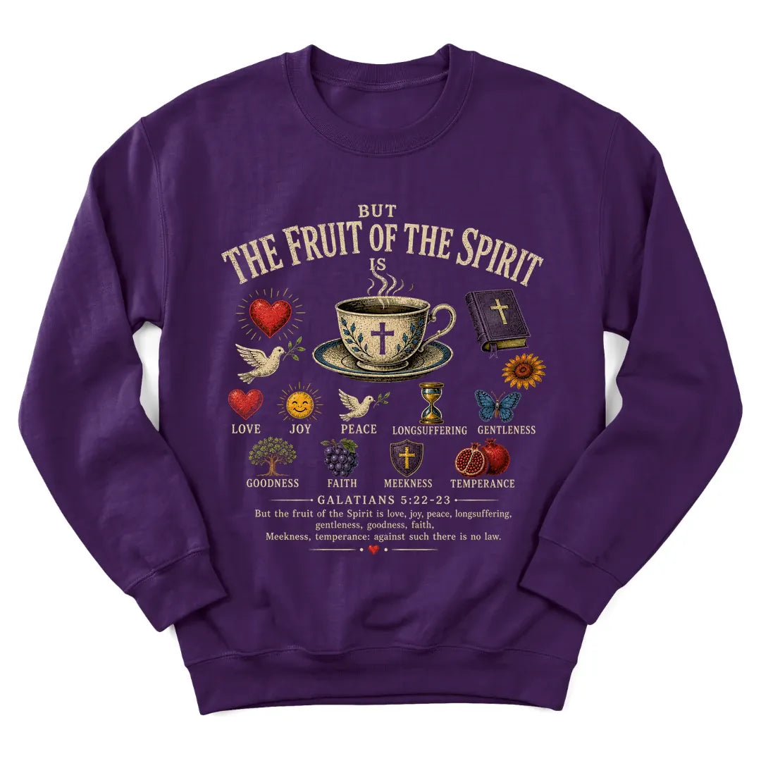 Fruit Of The Spirit sweatshirt listing Galatians 5:22-23 in Scripture lettering - Purple
