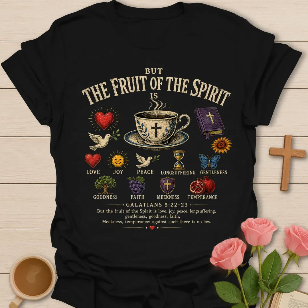 The Fruit of the Spirit Is shirt with the nine fruits listed in cream vintage lettering and botanical accents. - Black